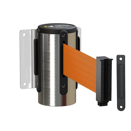 Retr. Belt Barrier Wall Mnt Pol. Stainless Case Fxd, 8.5' Orange Belt